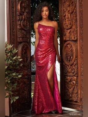 Sherri Hill 54869 Red Sequin Red Carpet Gown One Shoulder Prom Dress Sz 8
